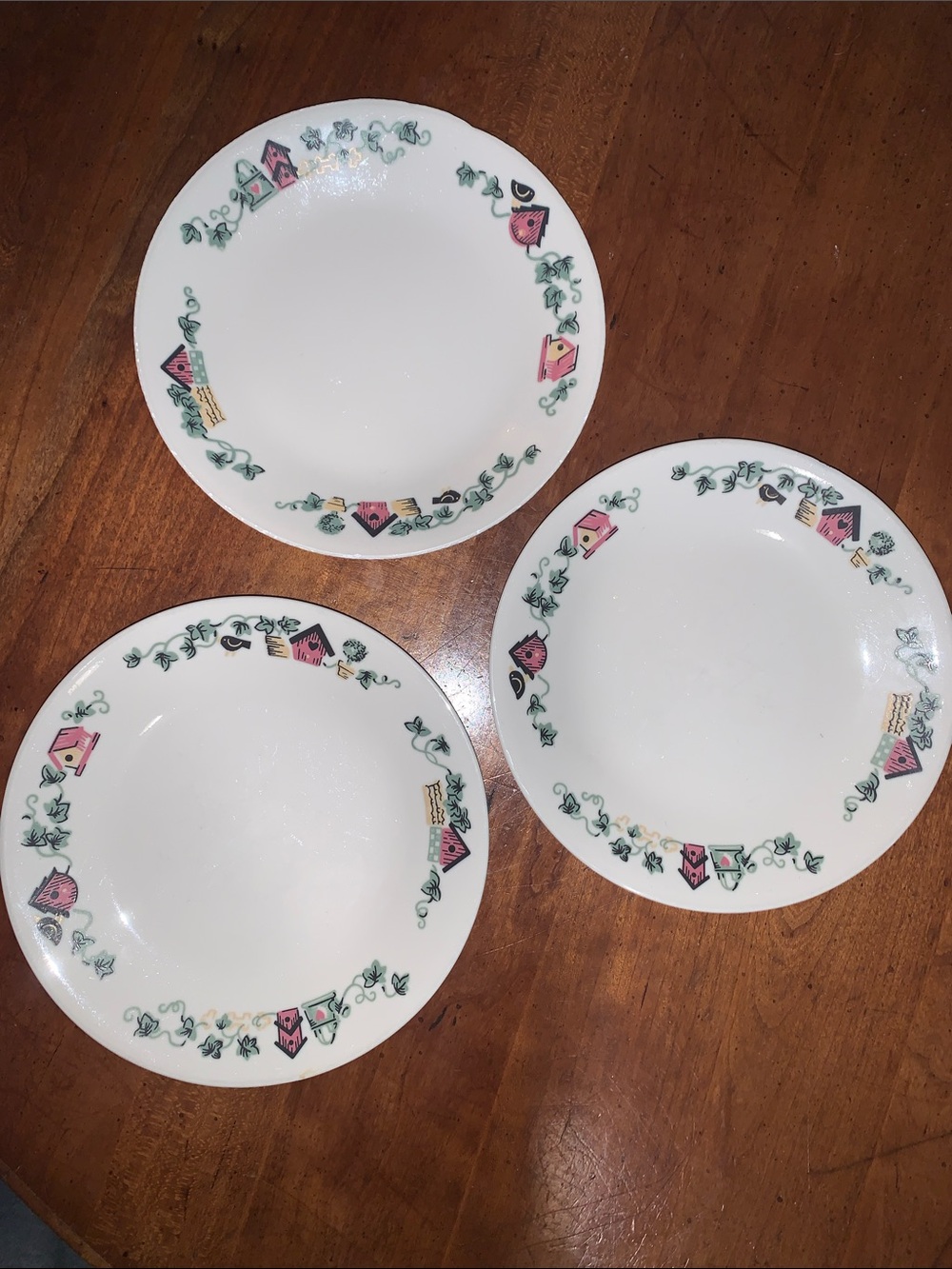 Garden Home Corelle saucers with Pink and Green Birdhouse Trim - Set of 3